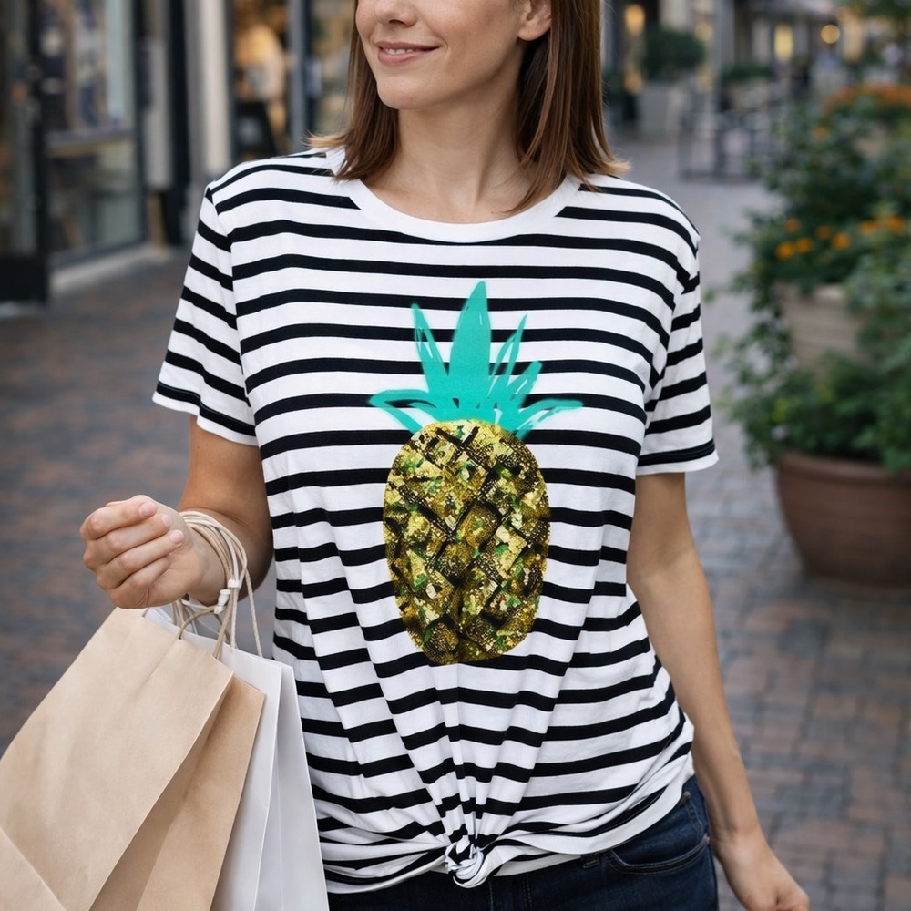 NEW Banana Republic Black & White Striped Pineapple Sequin Graphic Tee Size S